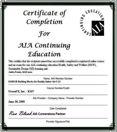 "Certificate of Completion for AIA Cntinuing Education". 